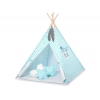 MEGA Tipitält SET: Tipi tält Lekmatta Kuddar och dekorfjädrar - turquoise med Vita Prickar