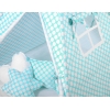 MEGA Tipitält SET: Tipi tält Lekmatta Kuddar och dekorfjädrar - turquoise med Vita Prickar