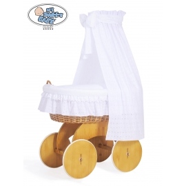 Babykorg Vagga med hjul och uppsättning textil Charlotte no 70202 med vit broderat Bäddset