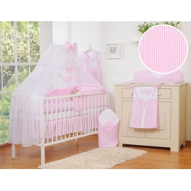 Bäddset / Sängkläder 7-delar med stor myggnät hjärtan rosa ränder