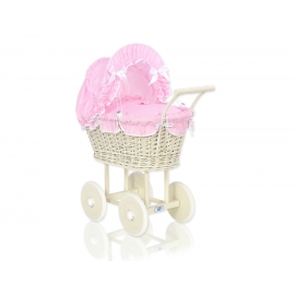 Beige Rotting Dockvagn med Bäddset - rosa rutigt