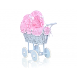 Blå Rotting Dockvagn med Bäddset - rosa rutigt