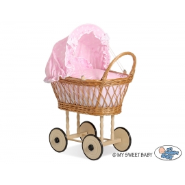 Dockvagn i natur rotting med bäddset med Bäddset Vita Prickar på Rosa