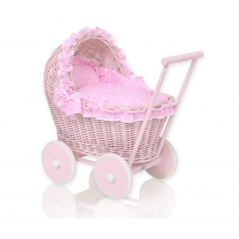 Dockvagn i rosa rotting med Bäddset Vita Prickar på Rosa