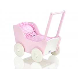 Dockvagn i trä Milla med bäddset Vit-Rosa med Bäddset - rosa rutigt