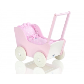Dockvagn i trä Milla med bäddset Vit-Rosa med Bäddset Vita Prickar på Rosa