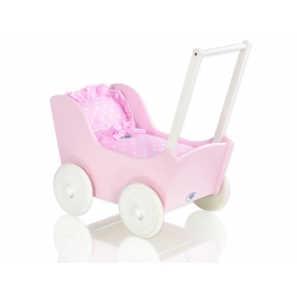 Dockvagn i trä Milla med bäddset Vit-Rosa med Bäddset Vita Prickar på Rosa