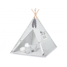 MEGA Tipitält SET: Tipi tält Lekmatta Kuddar och dekorfjädrar - grey med Vita Prickar