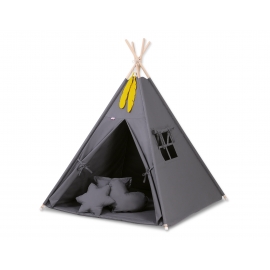 MEGA Tipitält uppsättning: Tipi tält Lekmatta Kuddar och dekorfjädrar- Antracit