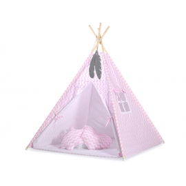 MEGA Tipitält uppsättning: Tipi tält Lekmatta Kuddar och dekorfjädrar- Chevron rosa