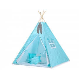 MEGA Tipitält uppsättning: Tipi tält Lekmatta Kuddar och dekorfjädrar - Vita Prickar på turquoise