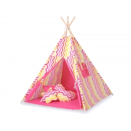MEGA Tipitält uppsättning:Tipi tält Lekmatta Kuddar - Chevron pink-yellow