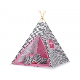 MEGA Tipitält uppsättning:Tipi tält Lekmatta Kuddar - Chevron Svart/rosa