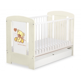 Spjälsäng 120x60cm Nallebjörn med rosett cream med lådor STANDARD