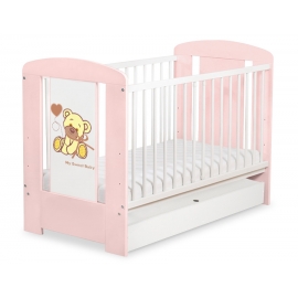 Spjälsäng 120x60cm Nallebjörn med rosett rosa med lådor STANDARD