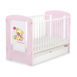 Spjälsäng 120x60cm Nallebjörn med rosett rosa med lådor STANDARD