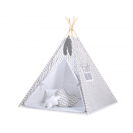 Tipi Lektält med lekmatta med dekorfjädrar Chevron grå
