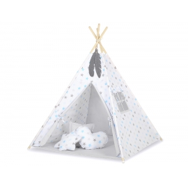 Tipi Lektält med lekmatta med dekorfjädrar Grå-blå stjärnor/grå
