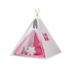 Tipi Lektält med lekmatta och dekorfjädrar- Grey checkered-rosa