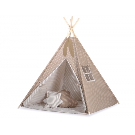 Tipi Lektält med lekmatta och dekorfjädrar- Vita Prickar på brown/beige ränder