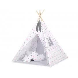 Tipi lektält och dekorfjädrar Grå-rosa stjärnor/grå