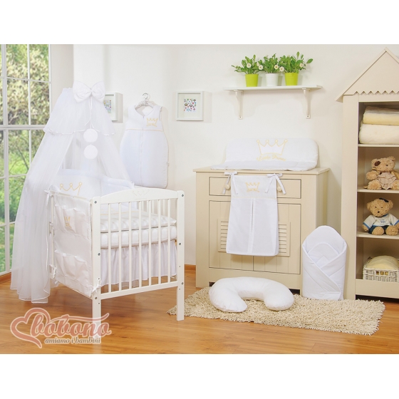 Baby Bäddset / Sängkläder 7 delar med myggnät Little Prince/Princess vit