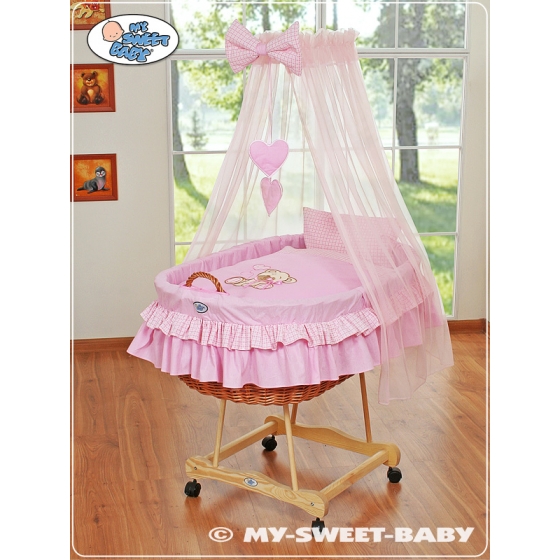Babykorg med himmel Björn med rosett rosa
