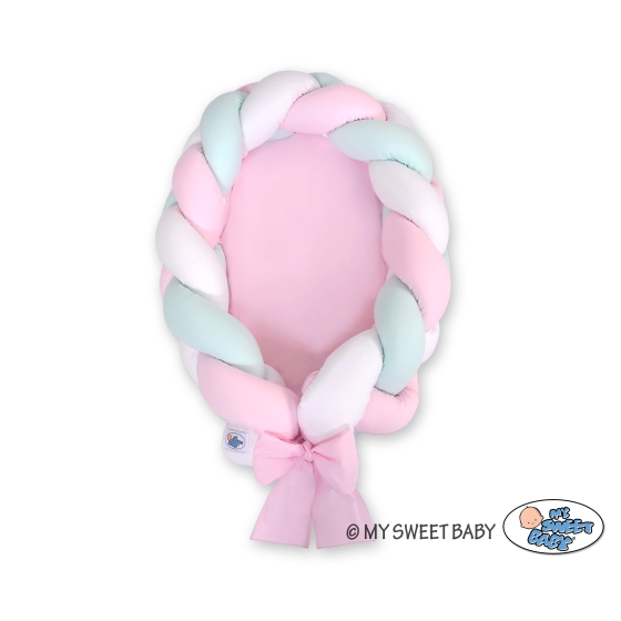 Babynest Fläta & Spjälskydd Fläta 2 i 1 - vit-pink-mynta