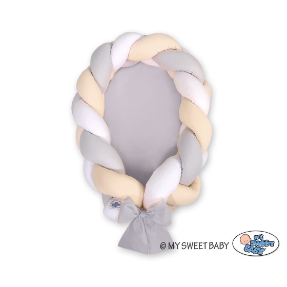 Babynest & Spjälskydd Fläta 2 i 1 - vit-grå-beige