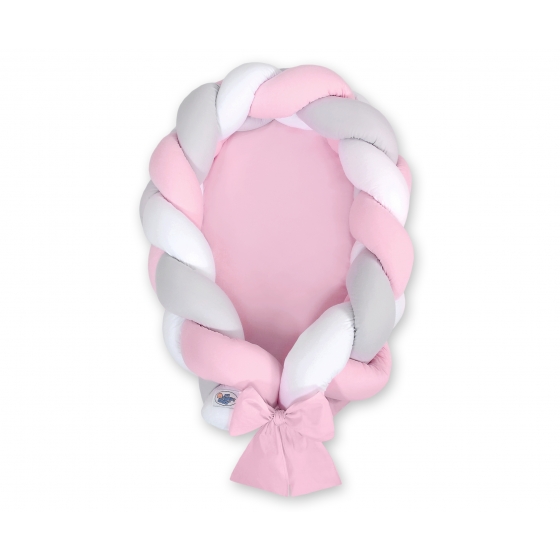 Babynest & Spjälskydd Fläta 2 i 1 - vit-grå-rosa
