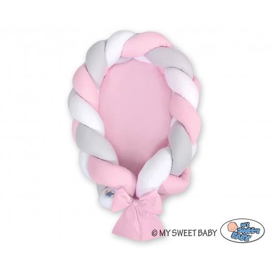 Babynest & Spjälskydd Fläta 2 i 1 - vit-grå-rosa
