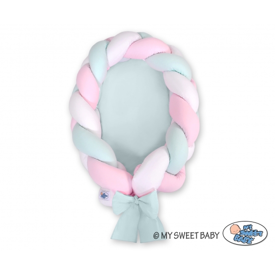 Babynest & Spjälskydd Fläta 2 i 1 - vit-pink-mynta