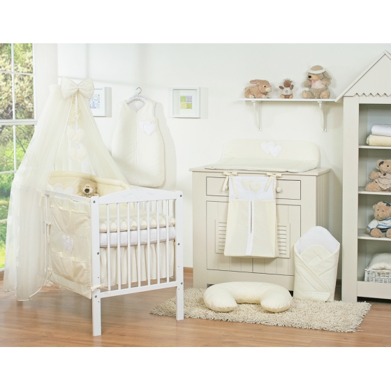 Babysäng Bäddset / Sängkläder 7-delar med stor myggnät hjärtan cream