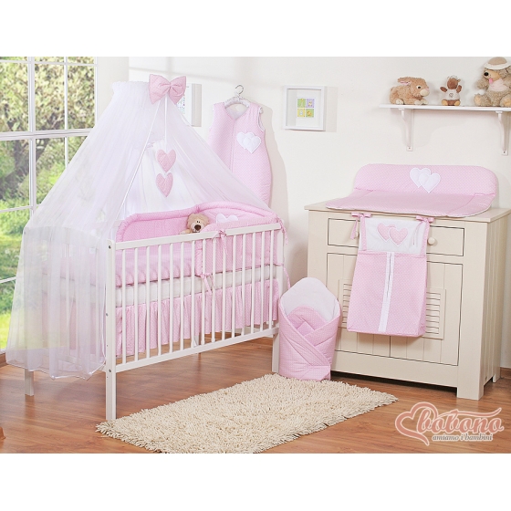 Babysäng Bäddset / Sängkläder 7-delar med stor myggnät hjärtan Vita Prickar på rosa