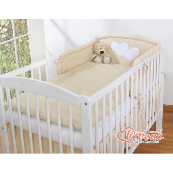 Bäddset Babysäng Sängkläder 3-delar hjärtan vita prickar beige