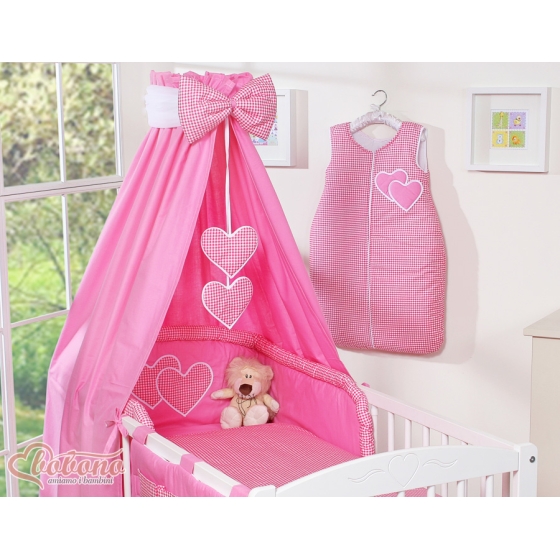 Mini Startpaket sängkläder till spjälsäng 5-delar med himmel dark rosa rutig