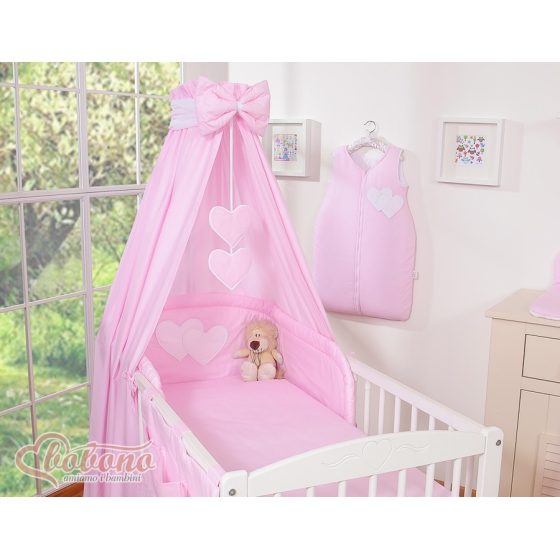 Bäddset Babysäng Sängkläder 5-delar med himmel hjärtan rosa ränder