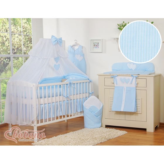 Bäddset / Sängkläder 11-delar med stor myggnät hjärtan blå ränder