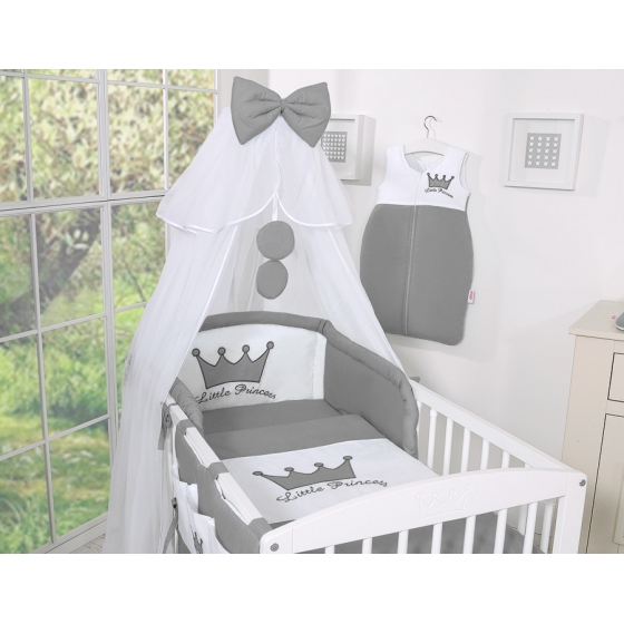 Bäddset / Sängkläder till Babysäng 5 delar med stor myggnät Little Prince/Princess Antracit
