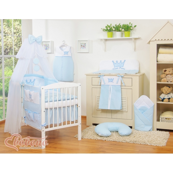 Bäddset till Babysäng 5 delar med stor myggnät Little Prince/Princess blå