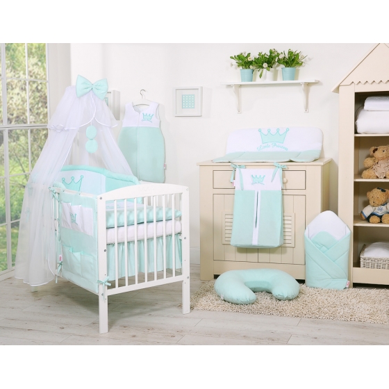 Bäddset / Sängkläder 11 delar med stor myggnät Little Prince/Princess mynta