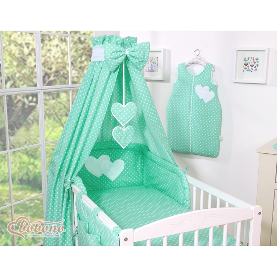 Bäddset / Sängkläder 11-delar with canopy- Hanginog Hearts Vita Prickar på mynta