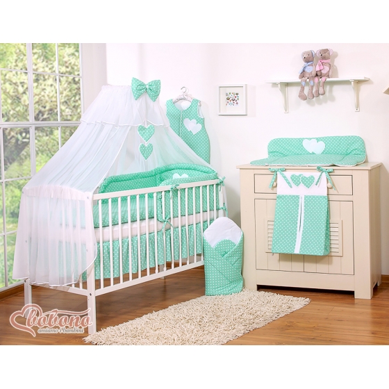 Bedding set 11-delar med stor myggnät hjärtan Vita Prickar på mynta