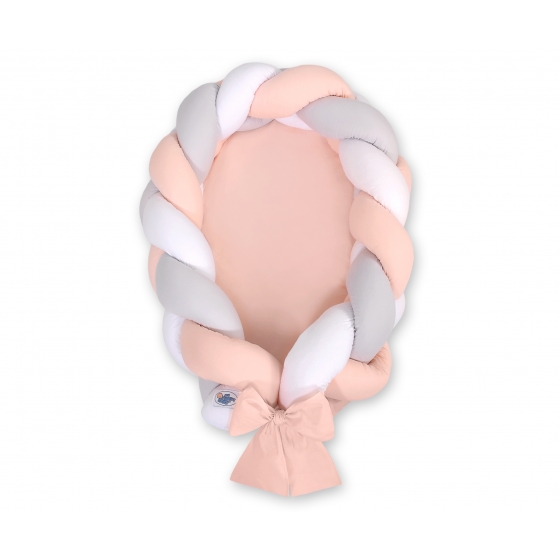 Braided baby nest 2 in 1- vit-grå-pulverrosa