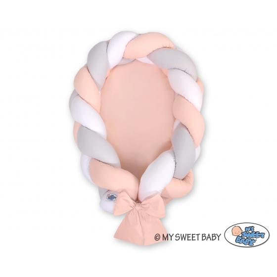 Braided baby nest 2 in 1- vit-grå-pulverrosa