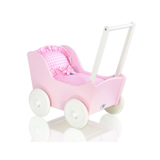 Dockvagn i trä Milla med bäddset Vit-Rosa med Bäddset - rosa rutigt