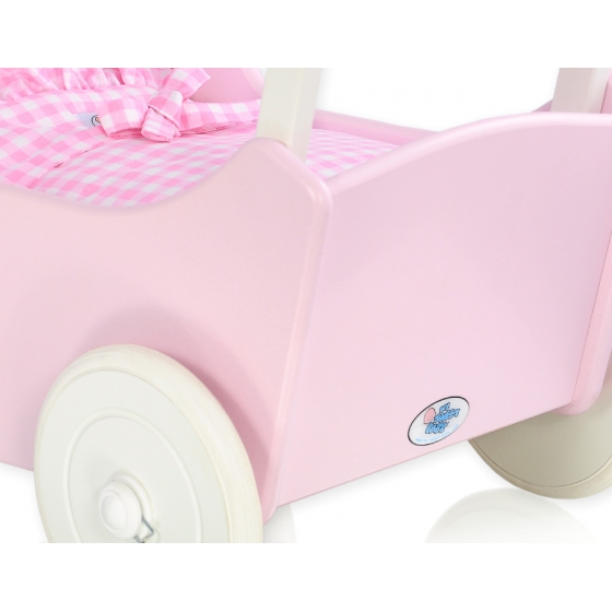 Dockvagn i trä Milla med bäddset Vit-Rosa med Bäddset - rosa rutigt