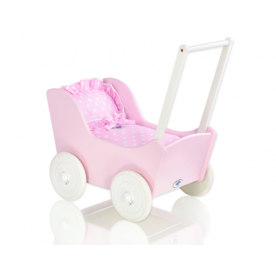 Dockvagn i trä Milla med bäddset Vit-Rosa med Bäddset Vita Prickar på Rosa