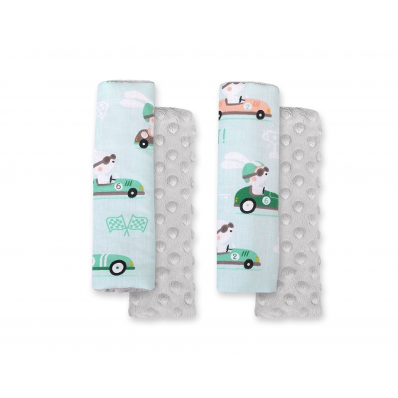 Double sided pads BOBONO for seat belts - mynta kaniner/grå