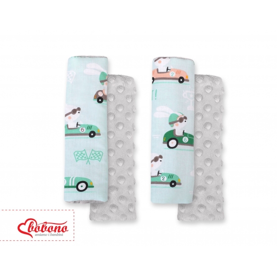 Double sided pads BOBONO for seat belts - mynta kaniner/grå